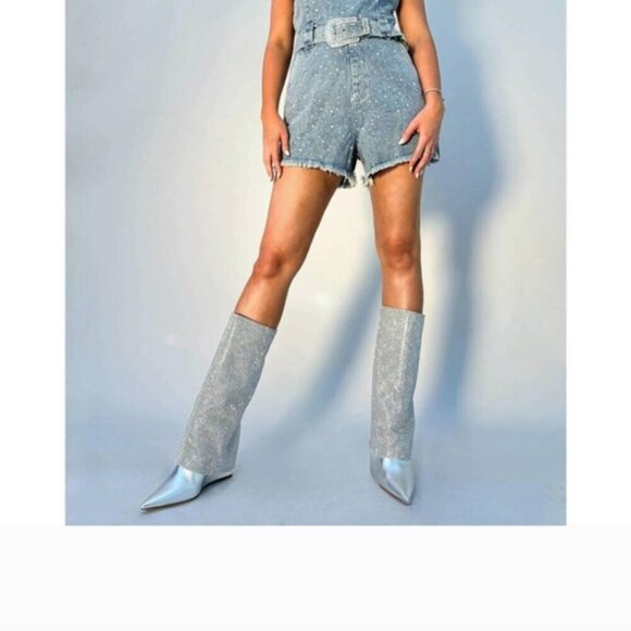 Steve Madden Riski Metallic Leather Rhinestone Foldover Tall Wedge Boots NEW - Picture 2 of 10